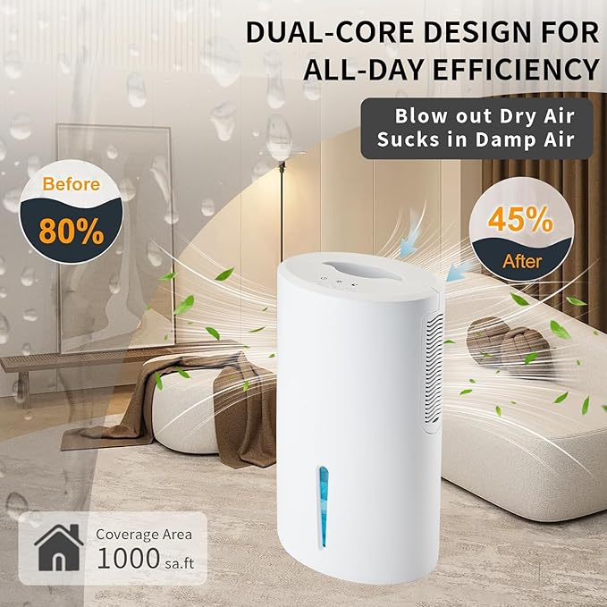 Dehumidifier for Home with Colorful Light Auto Shut Off Protection Ideal for Bedroom and Basement 2 Working Modes Daytime and Nighttime Efficient Moisture Removal System
