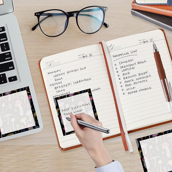 Sticky Notes, 2 Pads, 3x3 inches, Cute Colorful Fun Self-Stick Note Pads, Easy Post, Strong Adhesive Notepad Black Mushroom Doodle