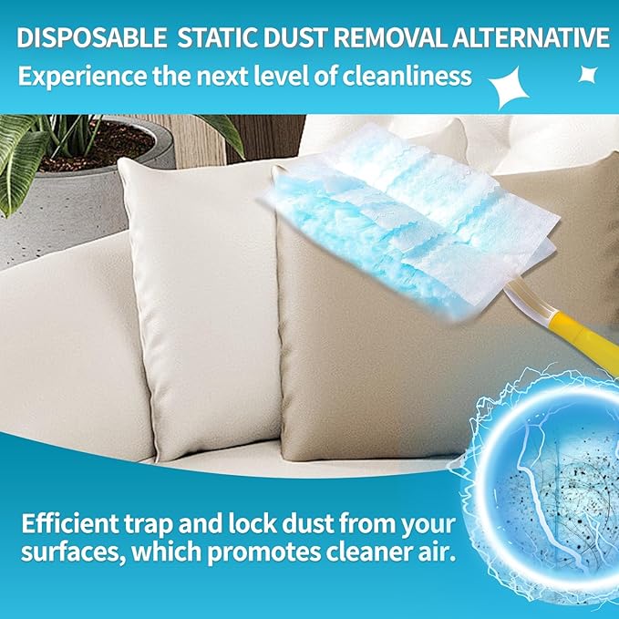 60 Count Microfibre Feather Duster Refills Compatible with Swiffer Dusters, Disposable Static Dust Removal Refills, Multi-Surface Duster with 1 Pcs Short Handle(Unscented, Pack of 1)