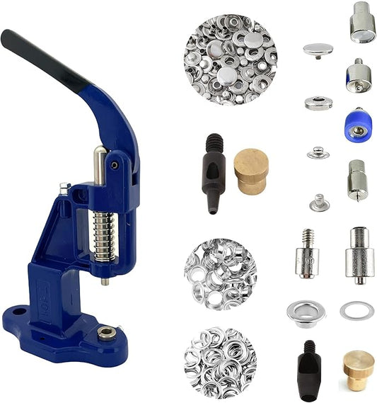 Hobby Trendy Hand Press with Rust Free Steel 50 Sets Ln24 15mm Fashion Spring Glove Snaps and 50 Sets Brass 8 mm (Nr5) Eyelets, Matching Dies and Hole Punches (Silver Supplies, Navy Press)
