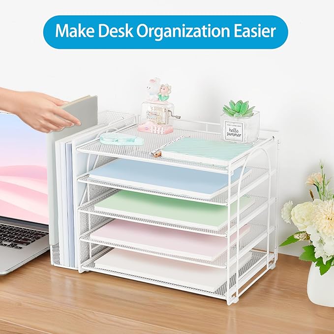 AUPSEN White Desk Organizers and Accessories, 5-Tier Letter Tray Paper Organizer with Adjustable File Holder, Desktop Office Desk Accessories for Office Supplies