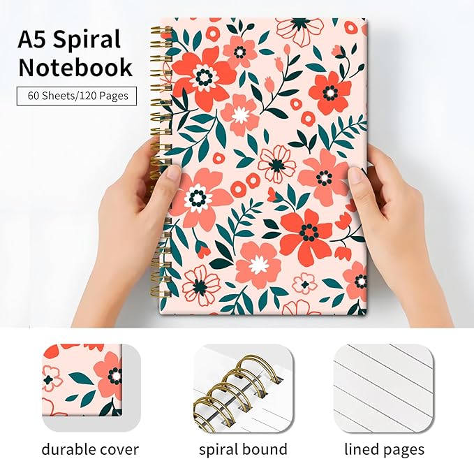 Spiral Journal Notebook, Hardcover Lined Journal for Women, Medium 6 x 8.4 in, 120 Pages Thick Paper, College Ruled Notebook for Writing, Work, Office, and School,Flower Pink