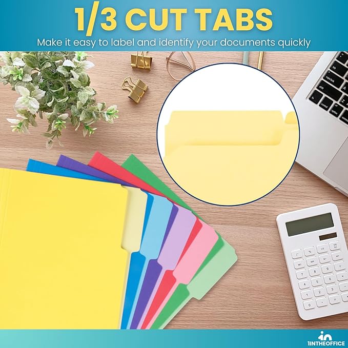 1InTheOffice Colored File Folders, Top-Tab File Folders, 3 Tab, 5 Assorted Colors, Letter Size, 100/Pack