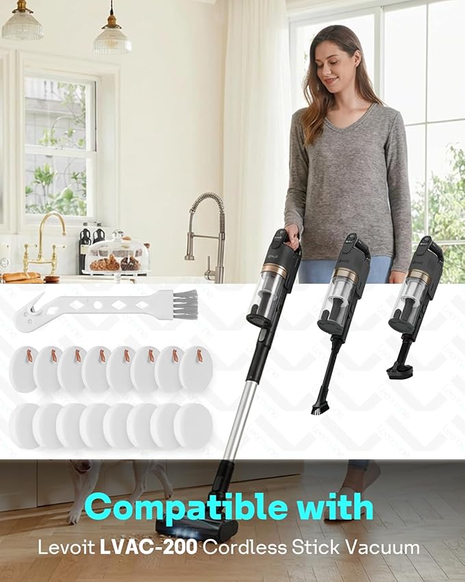 Leemone Vacuum Cleaner Replacement Filter Compatible with Levoit LVAC-200 Cordless Stick Vacuum, 8 Pre-Motor Filters (8 Felt Filters & 8 Foam Filters)
