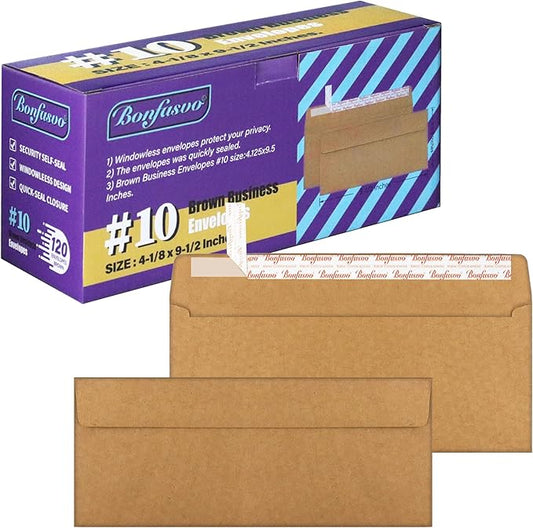 120 Pack #10 Brown Kraft Security Envelopes 4-1/8 x 9-1/2 inches Self Seal