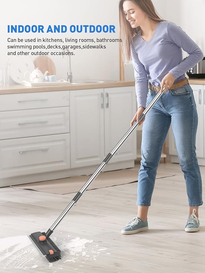 Floor Scrub Brush with Long Handle,3 in 1 Multi-Angle Heavy Duty Stiff Bristle Scrubber with Squeegee and Tweezer,Shower Brush for Cleaning Shower Bathroom,Patio,Garage, Kitchen,Deck and Wall