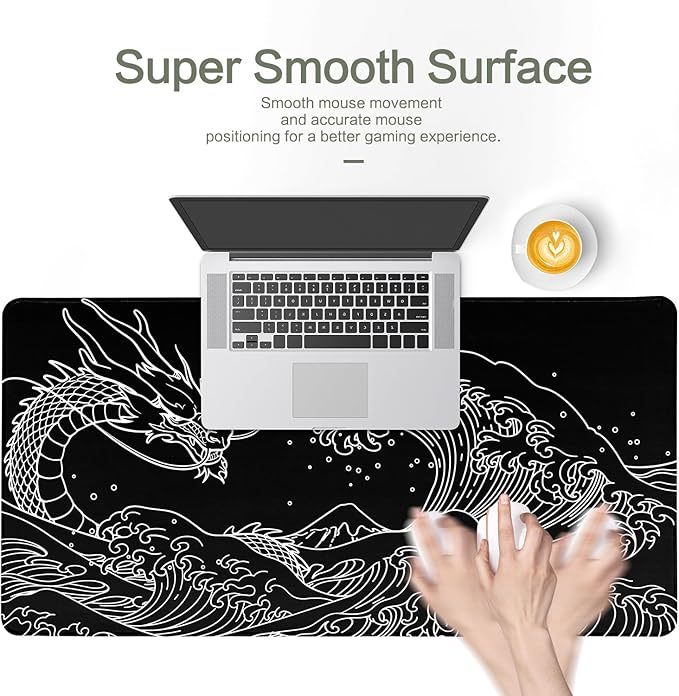 Dragon Mouse Pad Desk Mat Japanese Sea Wave Large Gaming Mouse Pad Anime Desk Pad Mousepad XXL Extended Keyboard Mat Black Mouse Mat, Waterproof, 31.5x15.7 in