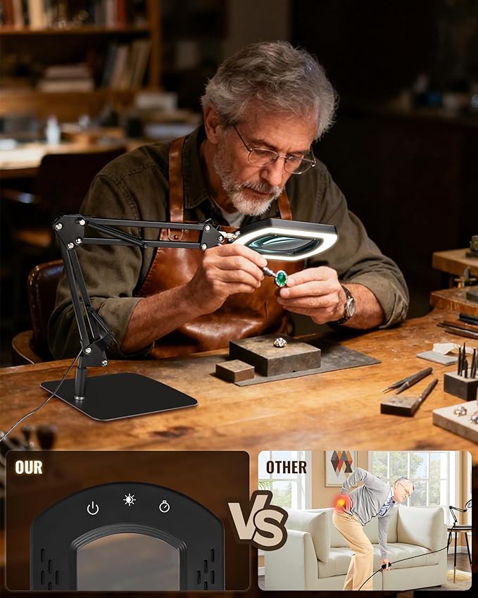 10X Square Magnifying Glass with Light and Stand, 2-in-1 LED Lighted Desk Lamp & Clamp, 5 Color Modes Stepless Dimmable, Hands-Free Magnifier Desk Lamp for Reading Craft Close Work B01DL05