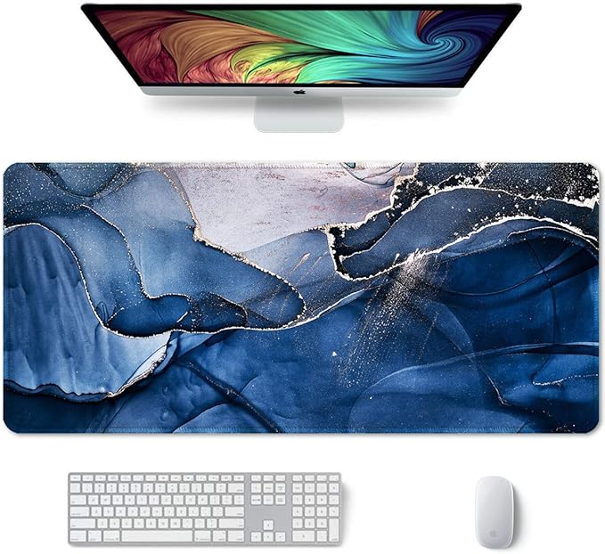 Auhoahsil Large Mouse Pad, XXL Desk Pad, Extened 35" x 15", Non-Slip Rubber Base, Stitched Edges, Superior Surface, Waterproof Keyboard Mat, Large Mousepad for Gamer, Office & Home, Ink Navy Marble