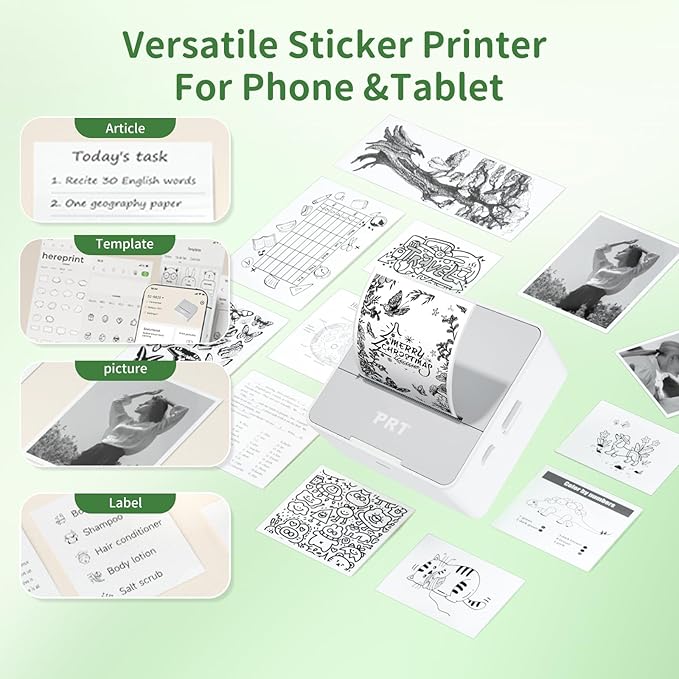 PRT S2 Mini Desktop Label Printer Portable Thermal Printer Sticker Maker Bluetooth Connection Mini Label Maker with 1 Roll of Stickers for Printing Study Notes Small Printer for Home Use