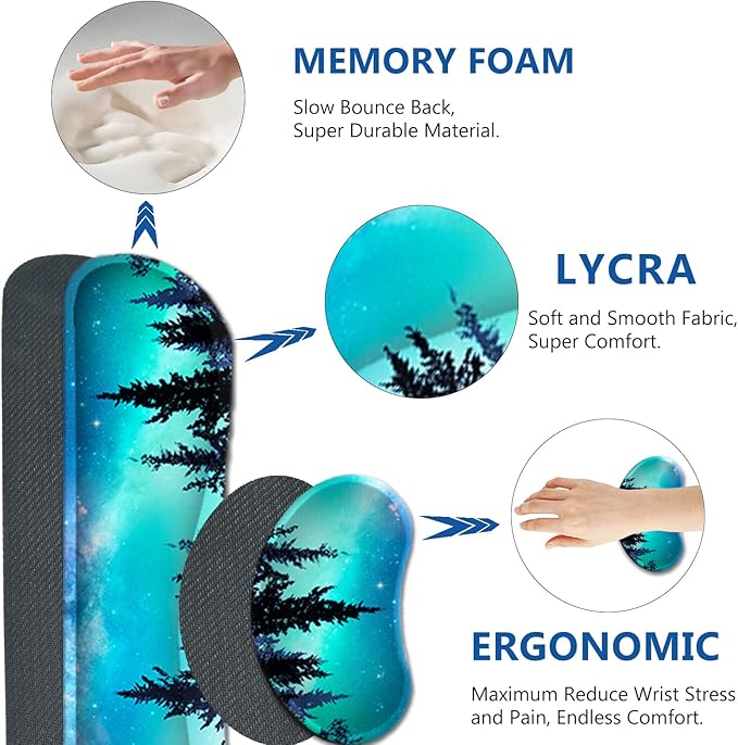 AIMSA Large Gaming Mouse Pad Set, Keyboard Wrist Rest Support + Extended Mouse Pad + Mouse Wrist Cushion + Coaster, Ergonomic Memory Foam Multifunctional Desk Mat 35x15.7inch (Forest Moon Sky)