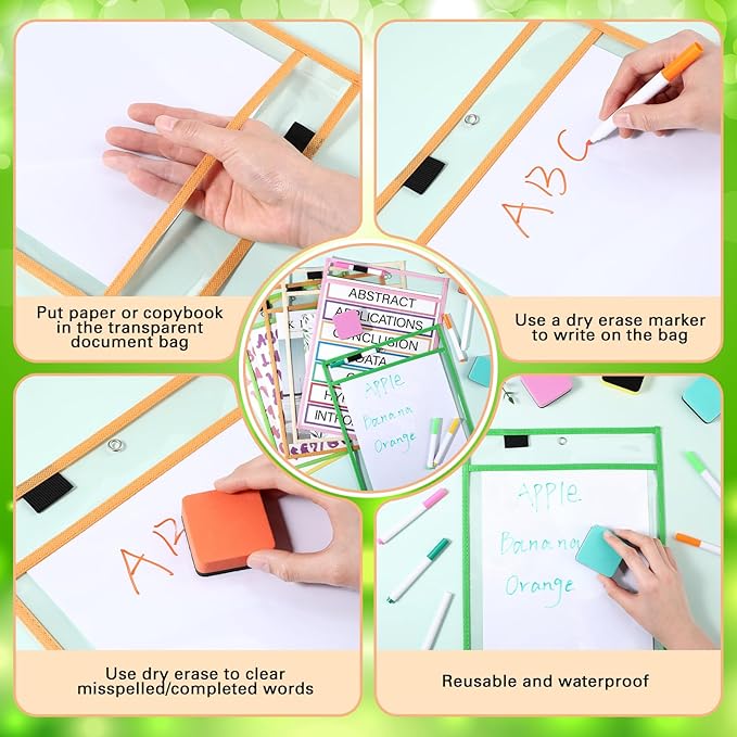 24 Pack Dry Erase Pocket Reusable Sleeves 10" x 14" Clear Plastic Sheet Protectors with Dry Erase Markers and Mini Sleeves Paper Teacher Supplies(Modern Boho)