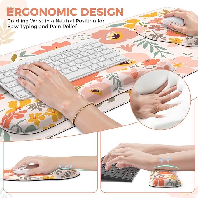 iCasso Desk Cover Mat, 4in1 Floral Large Mouse Pad with Wrist Rest, Desk Matt for Desktop, Anti-Slip XXL Big Computer Ergonomic Mousepad with Wrist Support for Keyboard and Mouse (Colorful)