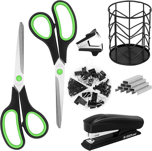 Scissors，Office Supplies Kit, Desk Accessories Set, Products Include Scissors, Stapler, Staples, Staple Remover，Pen Holder, Paper Clips, Push Pins, Binder Clips