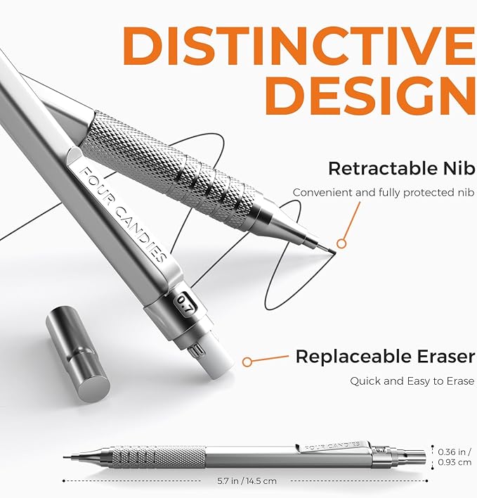 Four Candies 2PCS Metal Mechanical Pencils Set with Case, 0.5mm & 0.7 mm Artist Pencil with 6 Tubes (360PCS) HB Lead Refills, 3 Erasers,9 Eraser Refills For Writing Drafting, Drawing, Silver