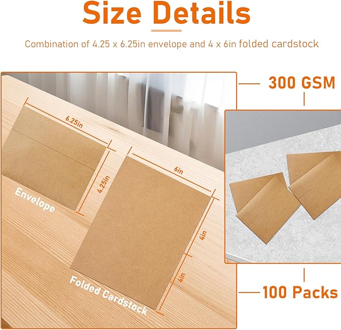 100 packs Brown Blank Note Cards and Envelopes 4 x 6 Heavyweight Folded Cardstock and Printable A4 Envelopes Self Seal for Greeting Cards, Festival Blessings, Mailiing, Invitations
