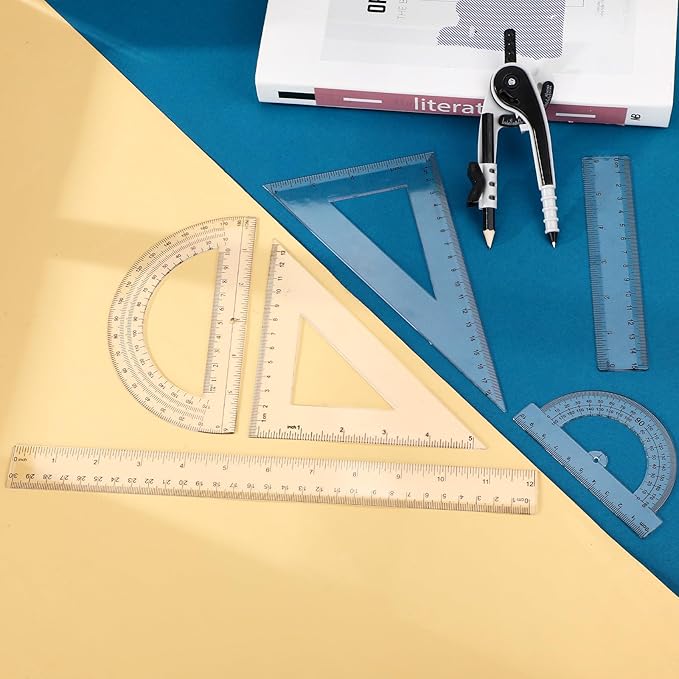 Zonon 1 Set Plastic Geometry Math Set 7 Pcs Includes 6'' / 4 '' Protractor, Drawing Compass, 45/60 Degree Triangle Rulers, 12'' / 6'' Math Ruler Transparent for Office Supplies(Clear)