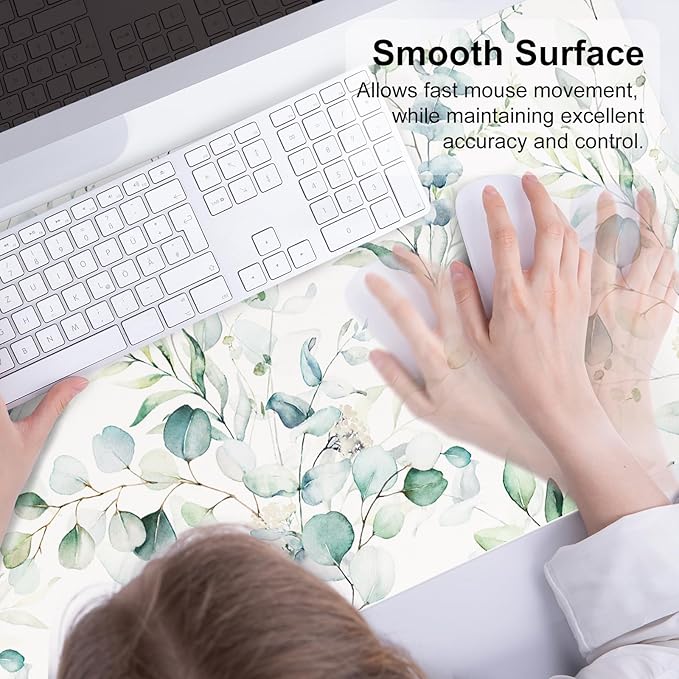 QIYI Large Mouse Pad, Cute Green Leaves Desk Mat for Desktop, Women Girls Office Décor Desk Accessories, PU Leather Waterproof Gaming Mousepad, Eucalyptus Leaf Desk Pad Computer Mat, 31.5" x 15.7"