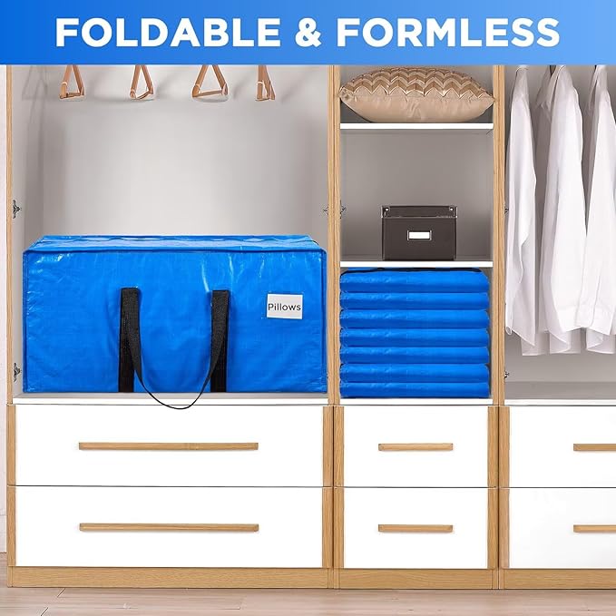 BETU Extra Large Moving Bags Heavy Duty Storage Bags with Zipper Handles, 10 Pack Clothes Storage Totes Bins Packing Moving Boxes, Moving Supplies for College Dorm Essentials, Space Saving, Blue