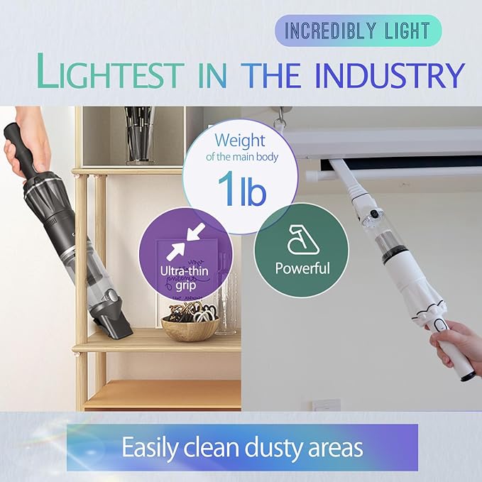 HIKALION Handheld Vacuum Cordless 25000PA, Super Lightweight 1lb with Powerful Suction, Charging Dock, Car Charger, Single Touch Empty and Detachable Dust Cup, Portable Mini Car Vac, White