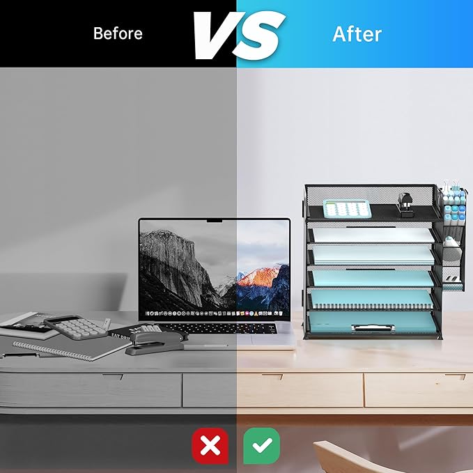 SUPEASY 6 Tier Desk Organizer with 4 Pen Holders, Mesh Paper Organizer Letter Tray with Handle, Desk Organizer Tray File Organizer for A4 File Folder, Black