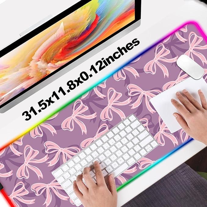 RGB Pretty Purple Bows Gaming Desk Mat, Computer Keyboard Large Extended Long Girly LED Mouse Pad for Office and Home, XL (W15)