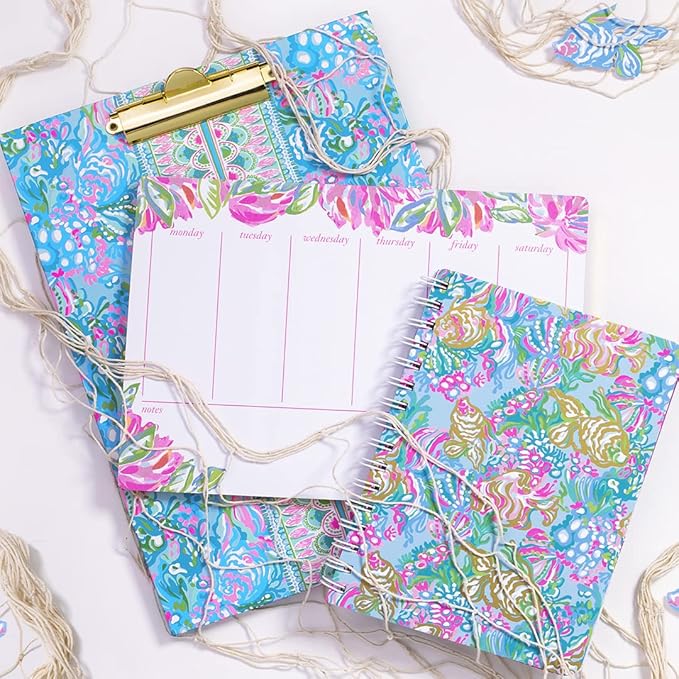Lilly Pulitzer Blue/Gold Hardcover Mini Spiral Notebook, 8.25" x 6.5" Small Journal with 160 College Ruled Pages, Aqua La Vista