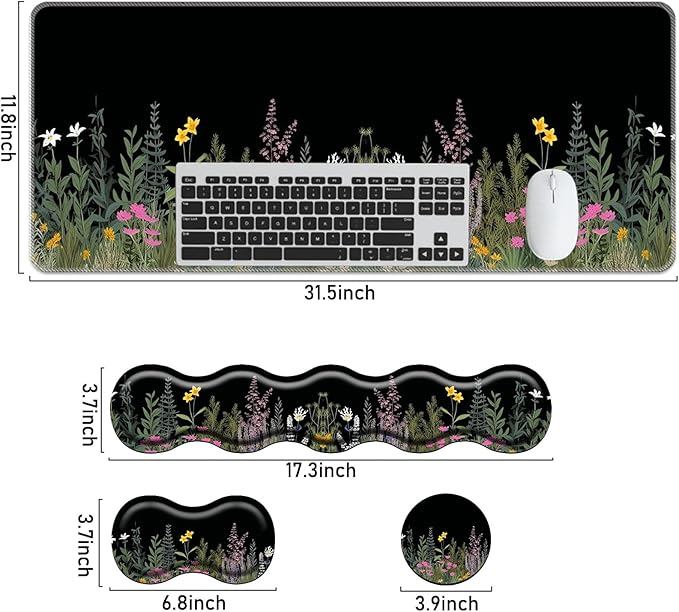Keyboard Mouse Pad Set,Large Mouse Pad+Keyboard Wrist Rest+Wrist Support+Coaster,31.5x11.8in Extended Desk Mat for Computer Laptop Office Home - Weeds