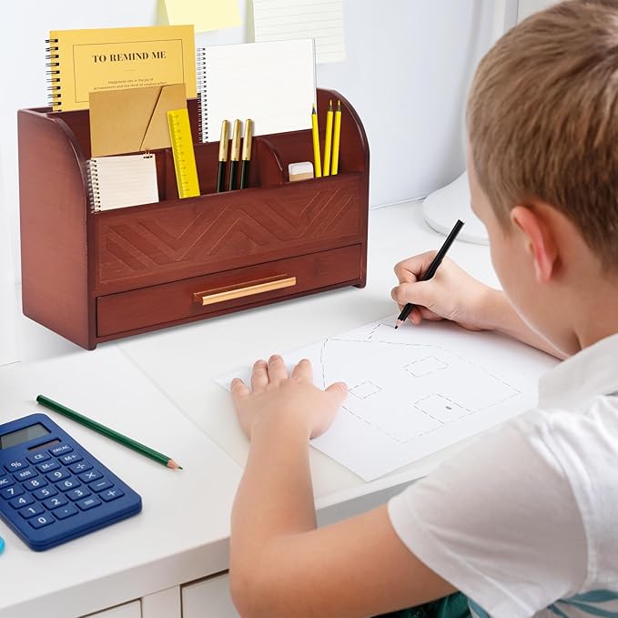 Mail Organizer Countertop Kitchen-Brown Mail Holder Countertop Drawers Wood Desk Drawer Tabletop Storage Organization Pen Holder Letter Sorter Makeup Organizer for School Home Office Supplies