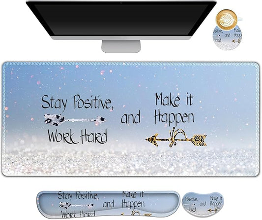 Desk Mat, Gaming Mouse Pad Wrist Rest Support Combo, XXL Large Mousepad + Keyboard Wrist Support +Mouse Wrist Rest+Coaster Set with Ergonomic Design 4in1 for Home Office, Stay Positive Blue