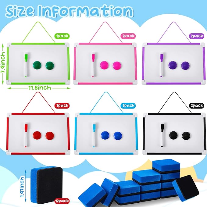 Colarr 12 Set Hanging Magnetic Dry Erase Board 8'' x 12'' Small Double Side White Board for Kid, Education Classroom Bulk, Mini Whiteboard Drawing Writing Lapboards for Student Kid to Do List Notepad
