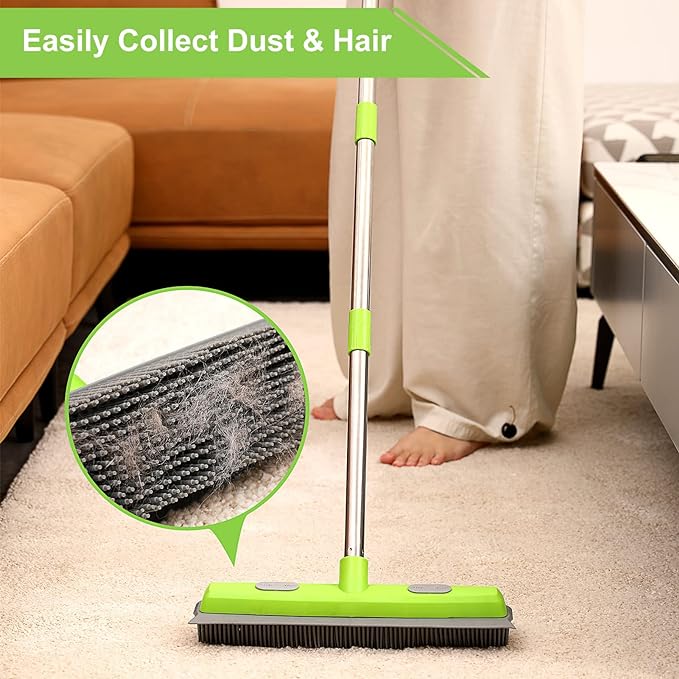 Rubber Broom with Squeegee for Carpet Pet Hair Remover,57 inch Long Handled Fur Remover Rake,Portable Detailing Lint Brush,Pet Removal Fluff Carpet, Hardwood Floor, Tile