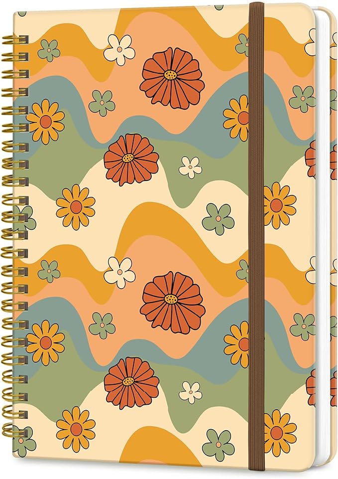 Spiral Journal Notebook, A5 Cute Notebooks for Women Men, College Ruled Hardcover Notebook for Work & Note Taking, 60 Pages Double-Wire Journals for Writing, Retro Boho Flowers