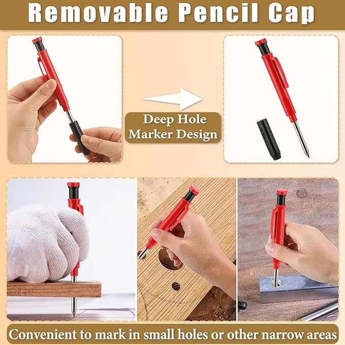 OwnMy Mechanical Carpenter Pencil Set - 3 Carpenter Pencils with 36PCS 2.8mm Refills & Built-in Sharpener, Heavy Duty Construction Pencils Deep Hole Marking Pencil for Woodworking
