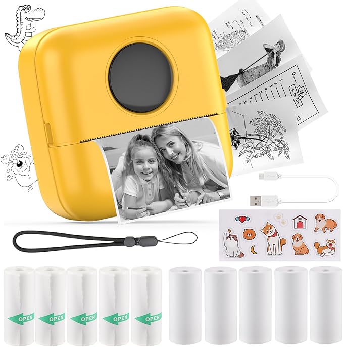 HuiJuKeJi Mini Sticker Printer Bluetooth Smart Pocket Inkless Thermal Printer with 11 Rolls Thermal Paper and Sticker for iOS&Android, Portable Receipt Printer for Photo Note Memo (Yellow)