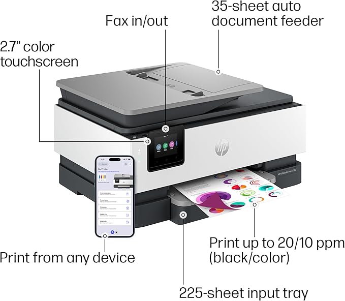 HP OfficeJet Pro 8139e Wireless All-in-One Color Inkjet Printer, Print, scan, Copy, fax, ADF, Duplex Printing Best-for-Home Office, 1 Year Instant Ink Trial Included, AI-Enabled (40Q51A)