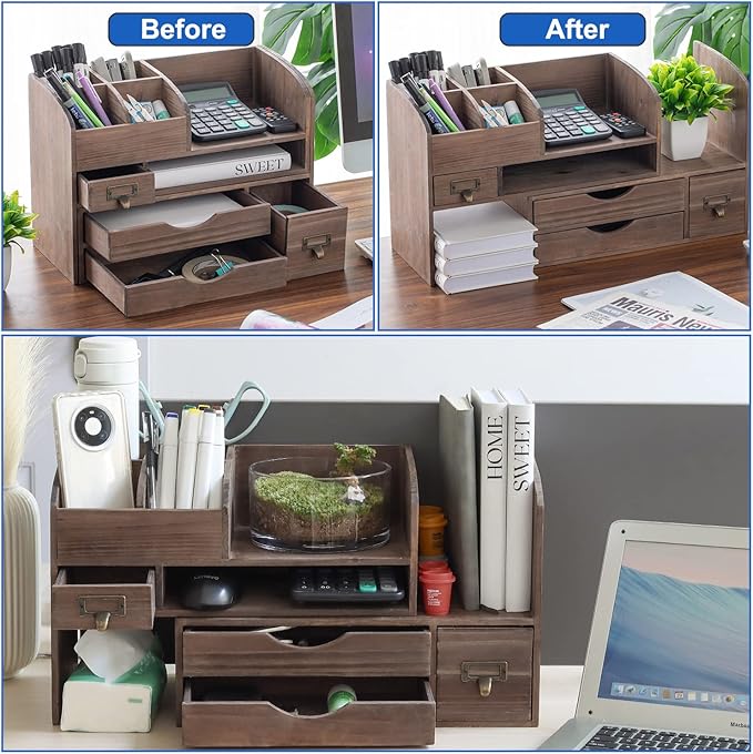 Executive Office Solutions Adjustable Wooden Desk Organizer For Desktop, Tabletop, Office or Counter – Wood Storage Shelf Rack For Office Supplies, Desk Accessories, or Mail – Brown