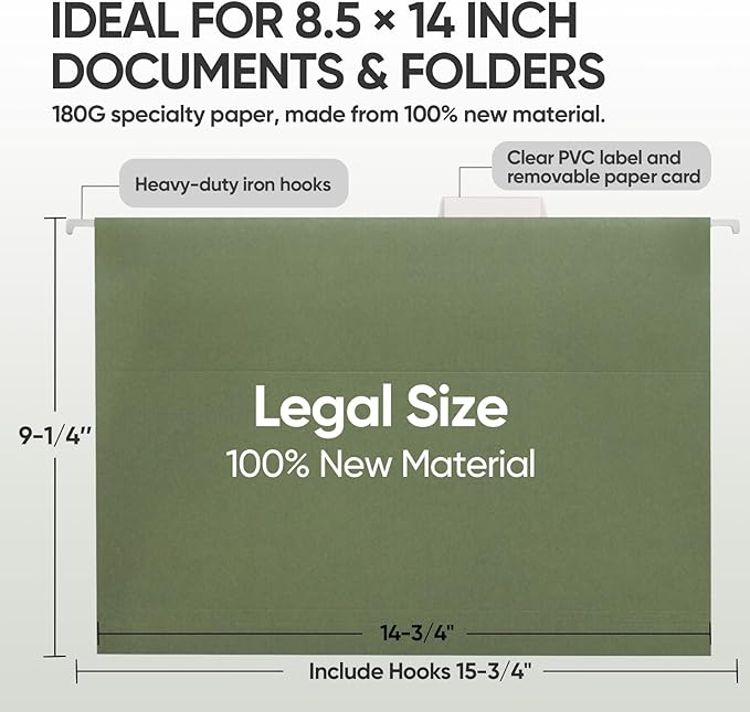 BALEINE 32PK Hanging File Folders, Legal Size Hanging Folders with 1/5-Cut Tabs for Filing Cabinets, File Boxes (32PK, Legal Size)
