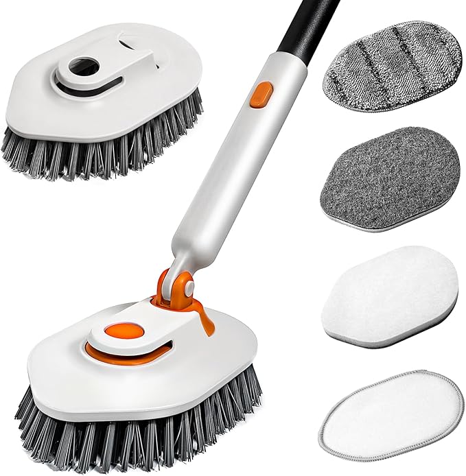 Tub Scrubber Brush with Long Handle, 3-in-1 Non Scratch Shower Scrubber Brush & 5 Detachable Replacement Brush Heads for Cleaning Bathroom, Tiles, Tub, Floor and Surfaces