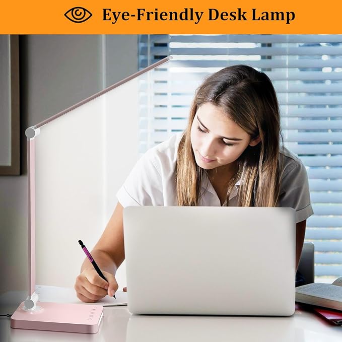 LED Desk Lamp with USB Ports,Touch Desk Lamps for Home Office with 5 Color Modes,3 Brightness Desk Light with Small Night Light,Reading Lamp Table Lamp for Bedroom Bedside Study Pink （with adapter）