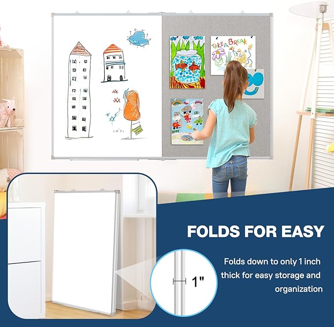 Large White Board Dry Erase Foldable Bulletin Board Combo, 48" x 36" Double Sided Dry Erase Board for Wall, Magnetic Whiteboard Bulletin Board with Linen for Office, Home, School, Kitchen -Gray