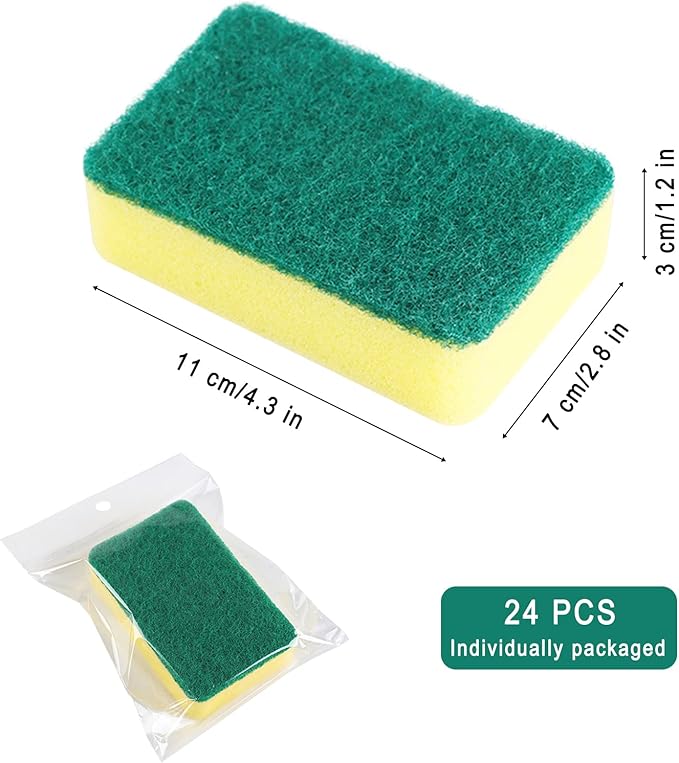 24 Pack Sponge Individually Wrapped, Bulk Kitchen Dishwashing Sponge, Non Scratch Scouring Pad, Odor-Free Scrubbers for Cleaning Sponge Wipes for Travel Apartments