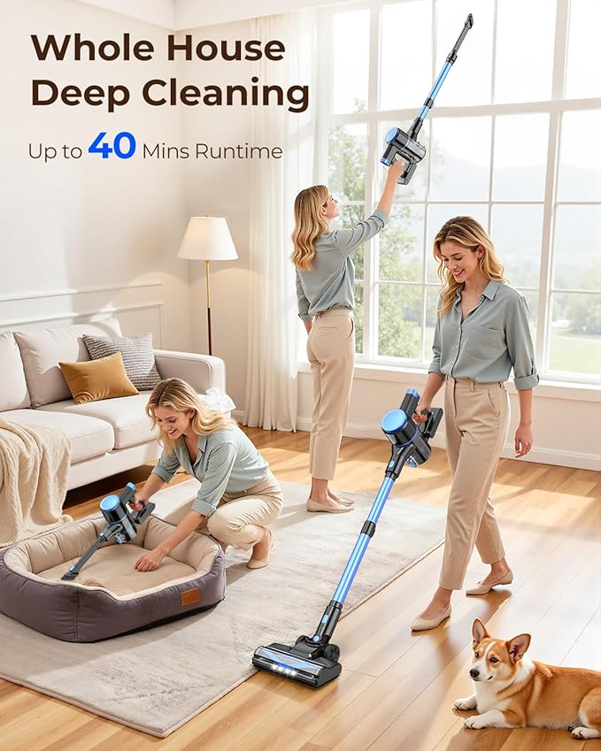 N8 Cordless Vacuum Cleaner,Lightweight Stick Vacuum with Powerful Suction,2200mAh Battery, 40 Mins Runtime,Self-Standing,Rechargeable Vacuum Cleaners for Home Hardwood Floor Carpet Pet Hair (Azure)