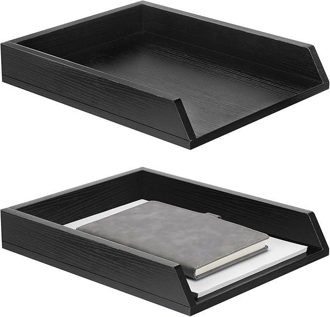 2 Pcs Wooden Letter Trays Wood Letter-Size Desk Organizer Heavy Duty 2 Tier Stackable Supports Paper Tray Desktop Drawer Organizer File Folder Magazine Office Accessories (Black)