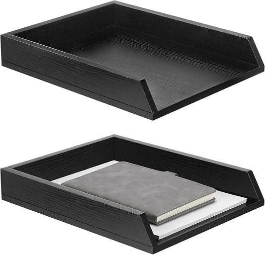 2 Pcs Wooden Letter Trays Wood Letter-Size Desk Organizer Heavy Duty 2 Tier Stackable Supports Paper Tray Desktop Drawer Organizer File Folder Magazine Office Accessories (Black)