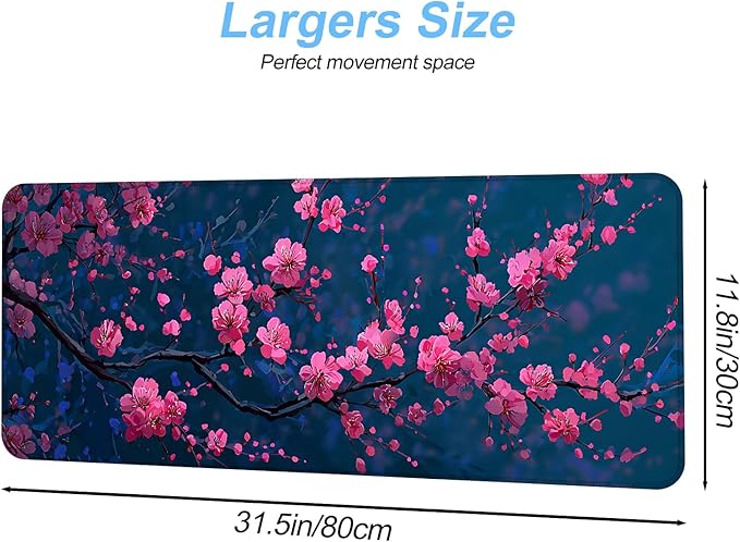 Elegant Cherry Blossom Mouse Pad – 31.5" x 11.8" Extended Desk Mat with Pink Peach Blossoms on Deep Blue Background – Large Non-Slip Surface for Home & Office Use