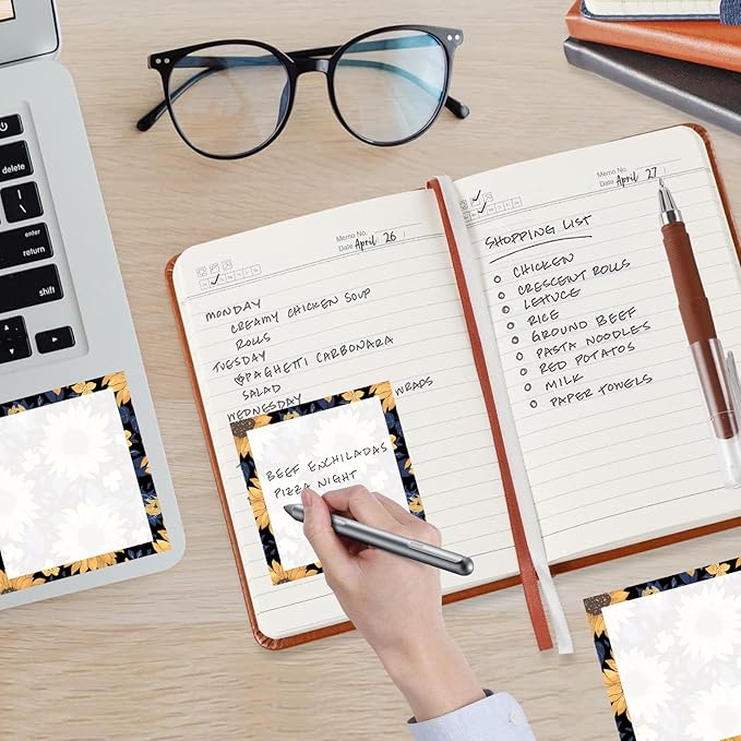 Sticky Notes, 2 Pads, 3x3 inches, Cute Colorful Fun Self-Stick Note Pads, Easy Post, Strong Adhesive Notepad Navy Yellow Sunflowers