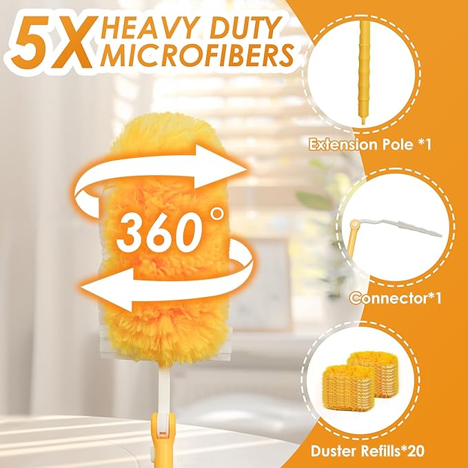 NEWE Dusters for Cleaning with 20 Refills for Flash, Dust Magnet with 1 Handle, 360 Degree Heavy Duty Microfibers Dusting Kit for Cleaning Blinds Bookshelf Furniture (Yellow)