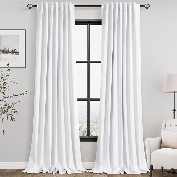 Full Black Out White Window Curtain, 105 Inches Long 2 Panels Set for Living Room, Cotton Textured Long Blackout Curtains with Backing Thermal Insulated Drapes for Nursery Bedroom Pure White