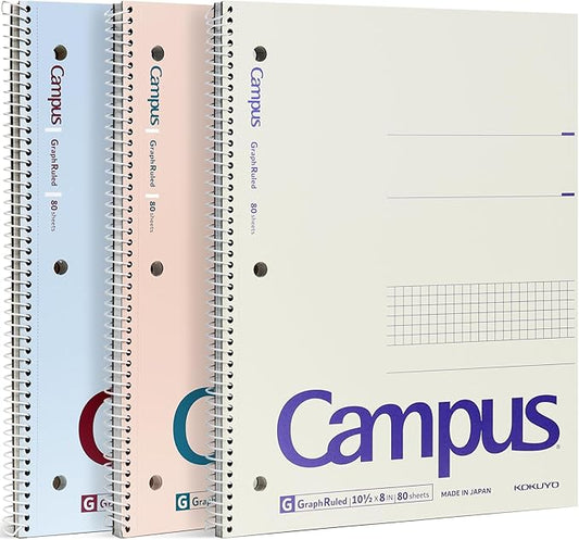 KOKUYO Spiral Notebook with 5x5 Graph Paper, 3 Pack Campus 10-1/2" x 8" Subject Notebooks, 80 Sheets, Light Pink Blue Off-White 3 Holes School Spiral Journal for Study Planner Drawing (WSG-SU-400G4×3)